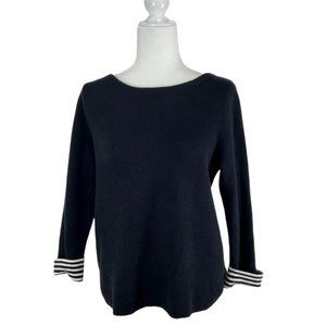 Tahari Women's Size M Pullover Sweater 3/4 Sleeve White Striped Cuffs Black
